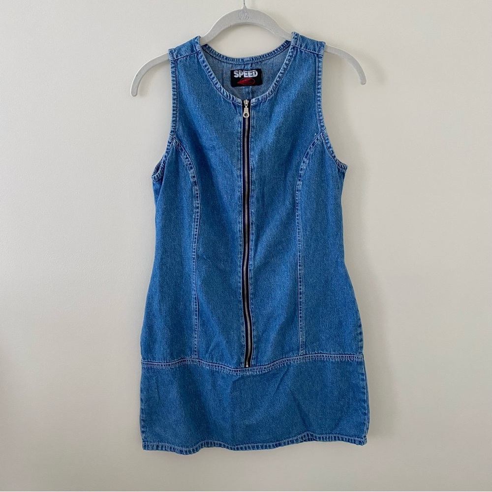 Zipper Front Denim Mini Dress Vintage 90s